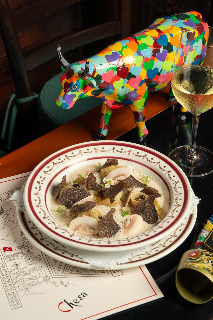 Black Truffle and Ricotta Cheese Ravioli, Morels Ragout and Mushrooms Cappuccino