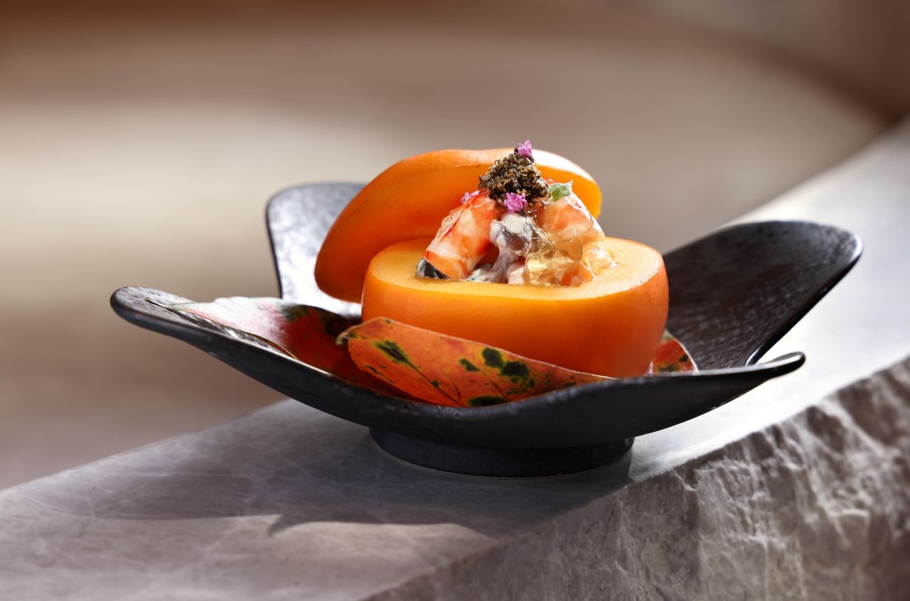 虎蝦柿子配芝麻白汁